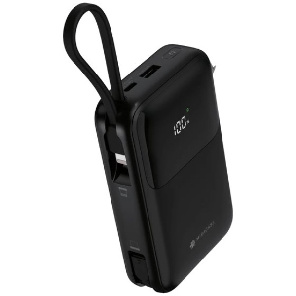 מיני מטען נייד מהיר | Miracase 10,000mAh טעינה מהירה 22.5W כבלים מובנים | שחור
