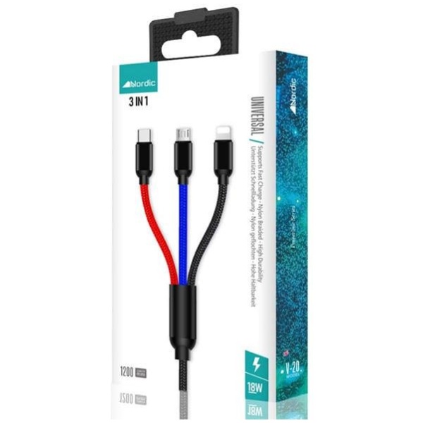 כבל 3 ב-1 לייטנינג  טייפ סי  מיקרו NORDIC