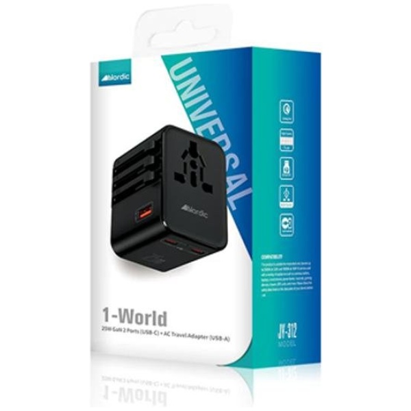 ראשן מטען 25W שחור עם 2 יציאות USB-C, יציאת USB-A ומתאמים אוניברסליים | Nordic J